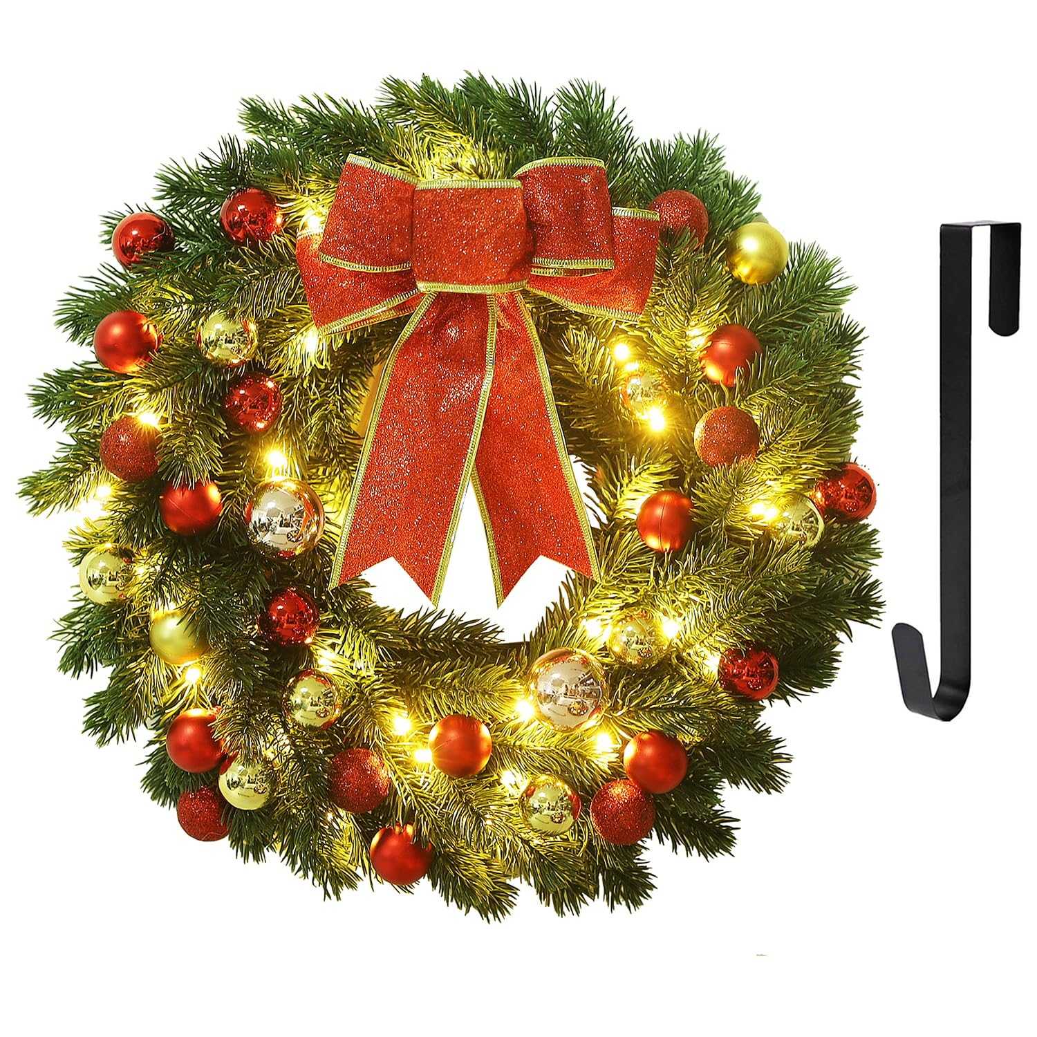 Juegoal 18 Inch Christmas Spruce Wreath with Colored Balls and Metal Hanger, Pre-Lit Battery Operated Warm White 47 LEDs Lights, Front Door Wreath X-max Decorations