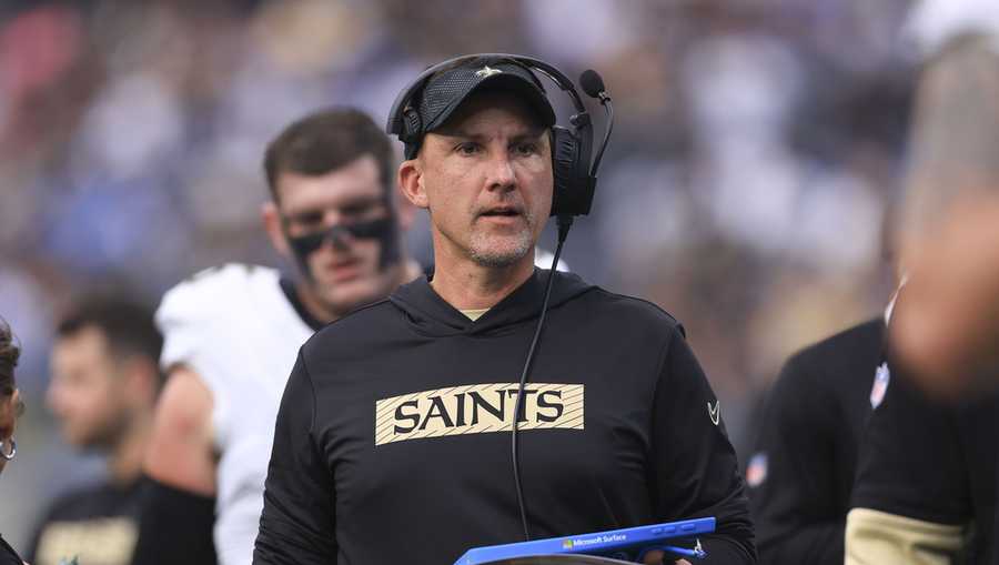 New Orleans Saints head coach Dennis Allen walks on the sideline in the first half of an NFL football game against the Los Angeles Chargers in Inglewood, Calif., Sunday, Oct. 27, 2024.