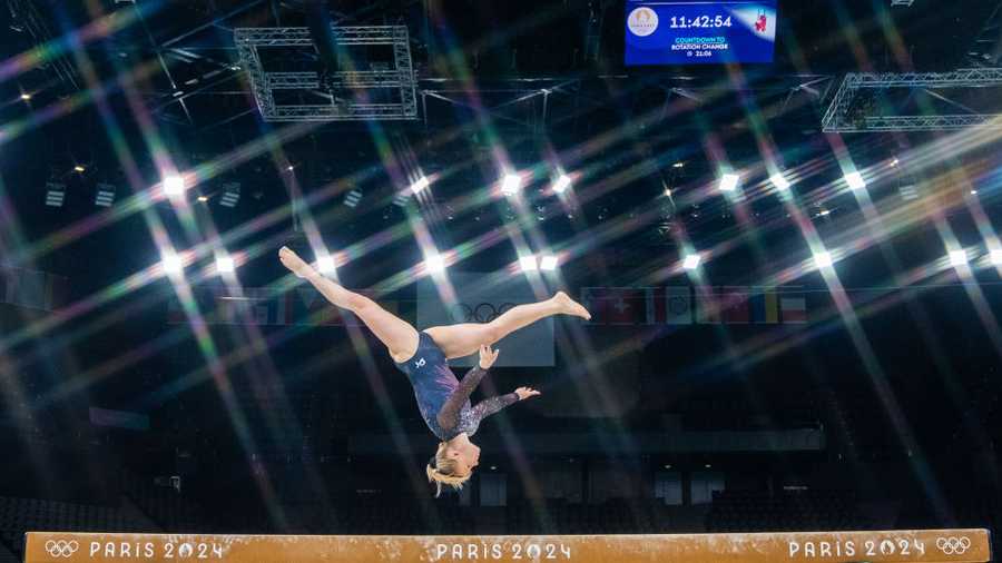 Paris 2024 Olympics PARIS, FRANCE - JULY 25: United States women's gymnastics team participate in the podium training at the Bercy Arena, prior to the Paris 2024 Olympic Games, in Paris, France on July 25, 2024. (Photo by Aytac Unal/Anadolu via Getty Images)