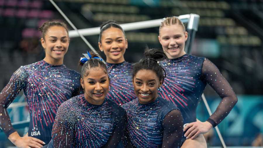 Paris 2024 Olympics PARIS, FRANCE - JULY 25: United States women's gymnastics team participate in the podium training at the Bercy Arena, prior to the Paris 2024 Olympic Games, in Paris, France on July 25, 2024. (Photo by Aytac Unal/Anadolu via Getty Images)