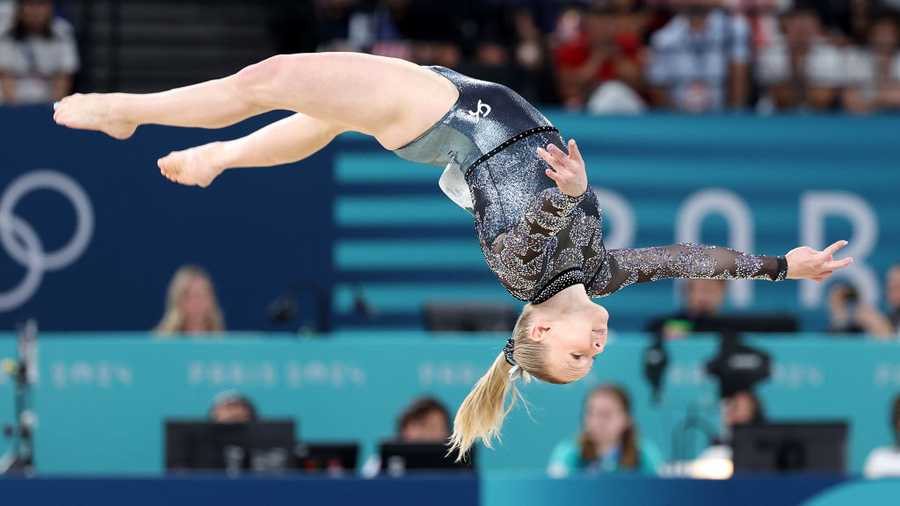2024 Paris Olympics, Women's Gymnastics PARIS, FRANCE July 28, 2024-USA's Jade Carey competes on the floor during qualifying for women's team gymnastics at the 2024 Olympics in Paris, France Sunday(Wally Skalij/Los Angeles Times via Getty Images)