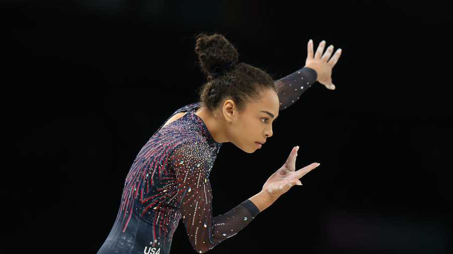 Paris 2024 Olympic Games - Previews VARIOUS CITIES, FRANCE - JULY 25: Hezly Rivera of the United States practices on the balance beam during a Gymnastics training session in the Bercy Arena ahead of the Paris 2024 Olympic Games on July 25, 2024 in Paris, France. (Photo by Elsa/Getty Images)