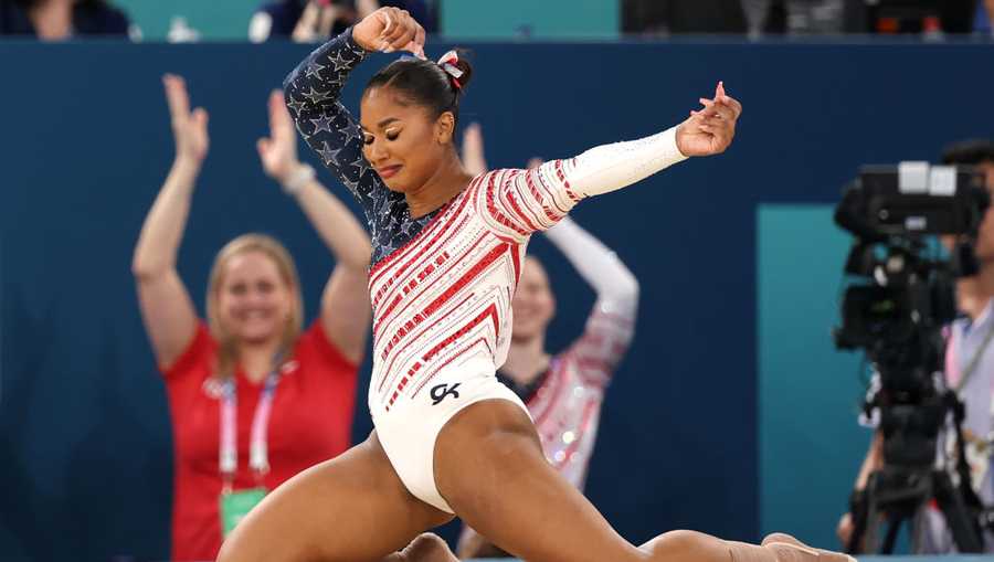 Artistic Gymnastics - Olympic Games Paris 2024: Day 4 PARIS, FRANCE - JULY 30: Jordan Chiles of Team United States reacts after finishing her routine in the floor exercise during the Artistic Gymnastics Women's Team Final on day four of the Olympic Games Paris 2024 at Bercy Arena on July 30, 2024 in Paris, France. (Photo by Jamie Squire/Getty Images)