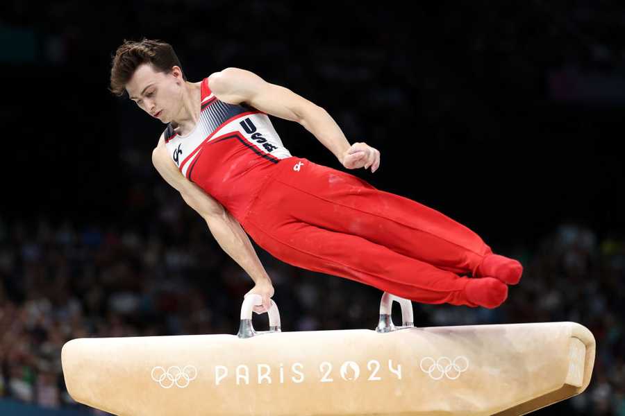 Artistic Gymnastics - Olympic Games Paris 2024: Day 8 PARIS, FRANCE - AUGUST 03: Stephen Nedoroscik of Team United States competes during the Artistic Gymnastics Men's Pommel Horse Final on day eight of the Olympic Games Paris 2024 at Bercy Arena on August 03, 2024 in Paris, France. (Photo by Julian Finney/Getty Images)