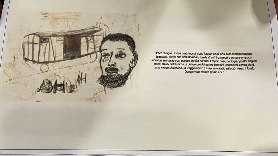 An illustration showing an Italian Jew and a train car used for deportation. An illustration showing an Italian Jew and a train car used for deportation.