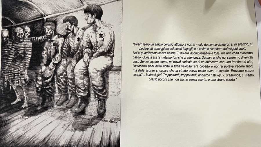 An illustration that juxtaposes a view of Jewish prisoners with skeletons. An illustration that juxtaposes a view of Jewish prisoners with skeletons.