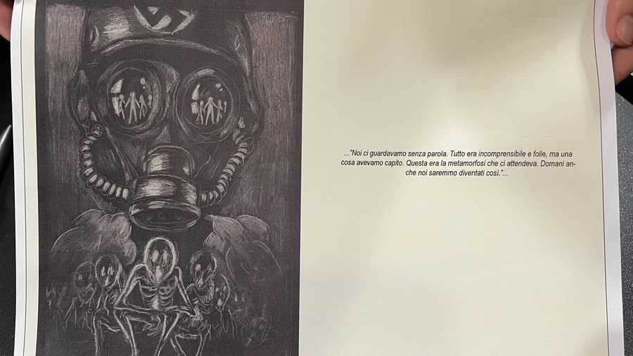 A view of a Nazi wearing a gas mask. A view of a Nazi wearing a gas mask with images of prisoners.